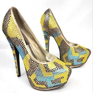 Machi Estina Rhinestine Stilettos Platform Heels Yellow Black‎ Blue Party Sz 5.5